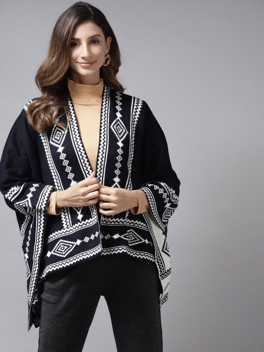 

Cayman Women Navy Blue & White Self-Design Poncho