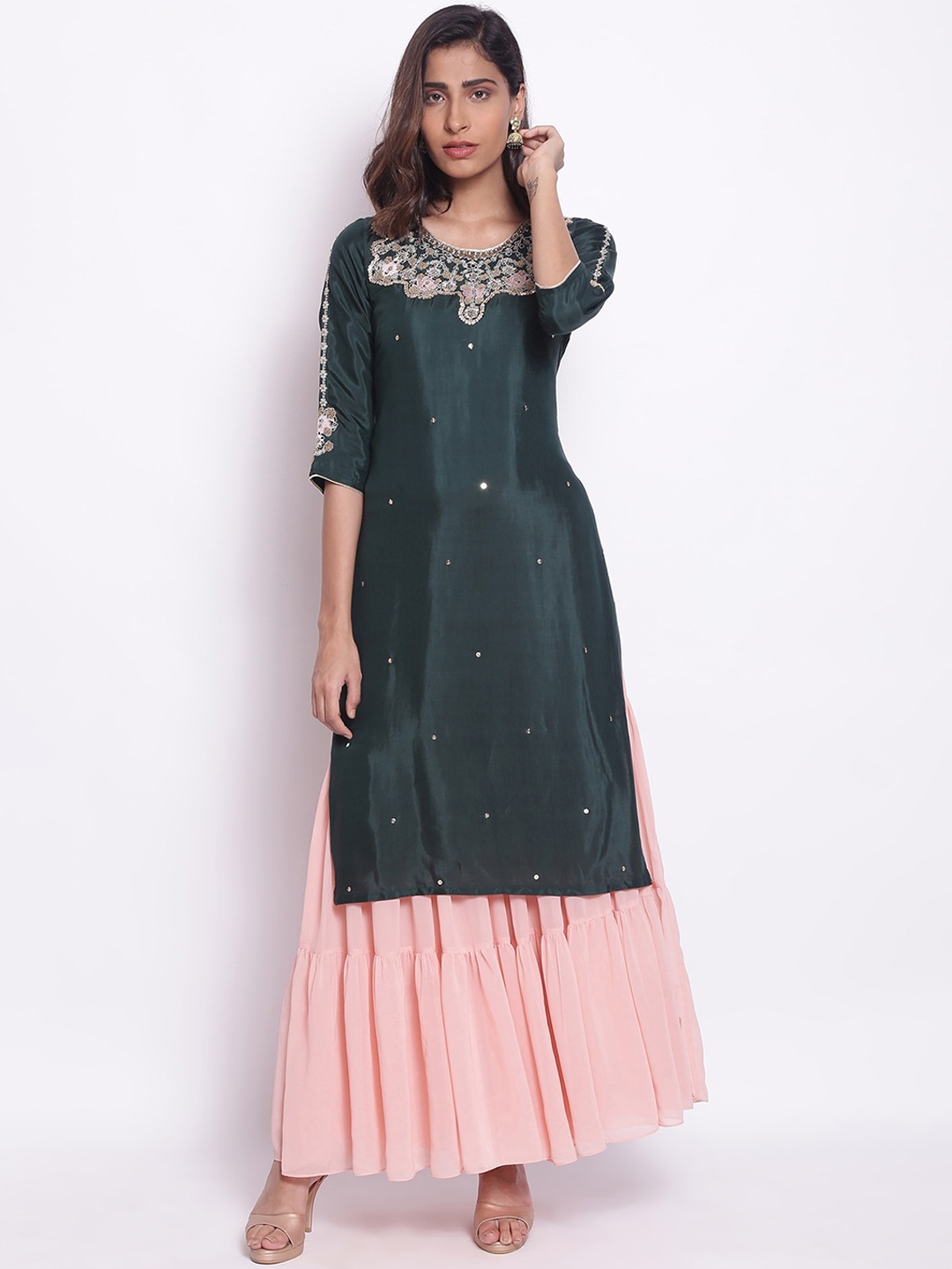 

WISHFUL Women Teal Green Ethnic Motifs Embellished Kurta
