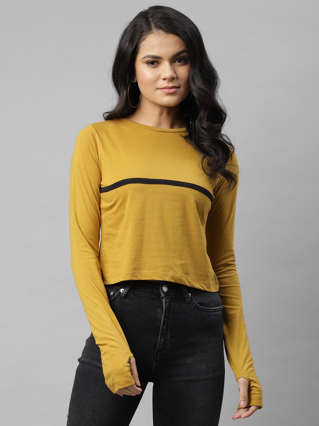 

Rigo Women Mustard Yellow & Black Striped Crop Top