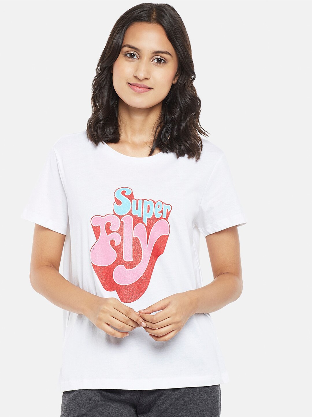 

Honey by Pantaloons Women White & Pink Printed T-shirt
