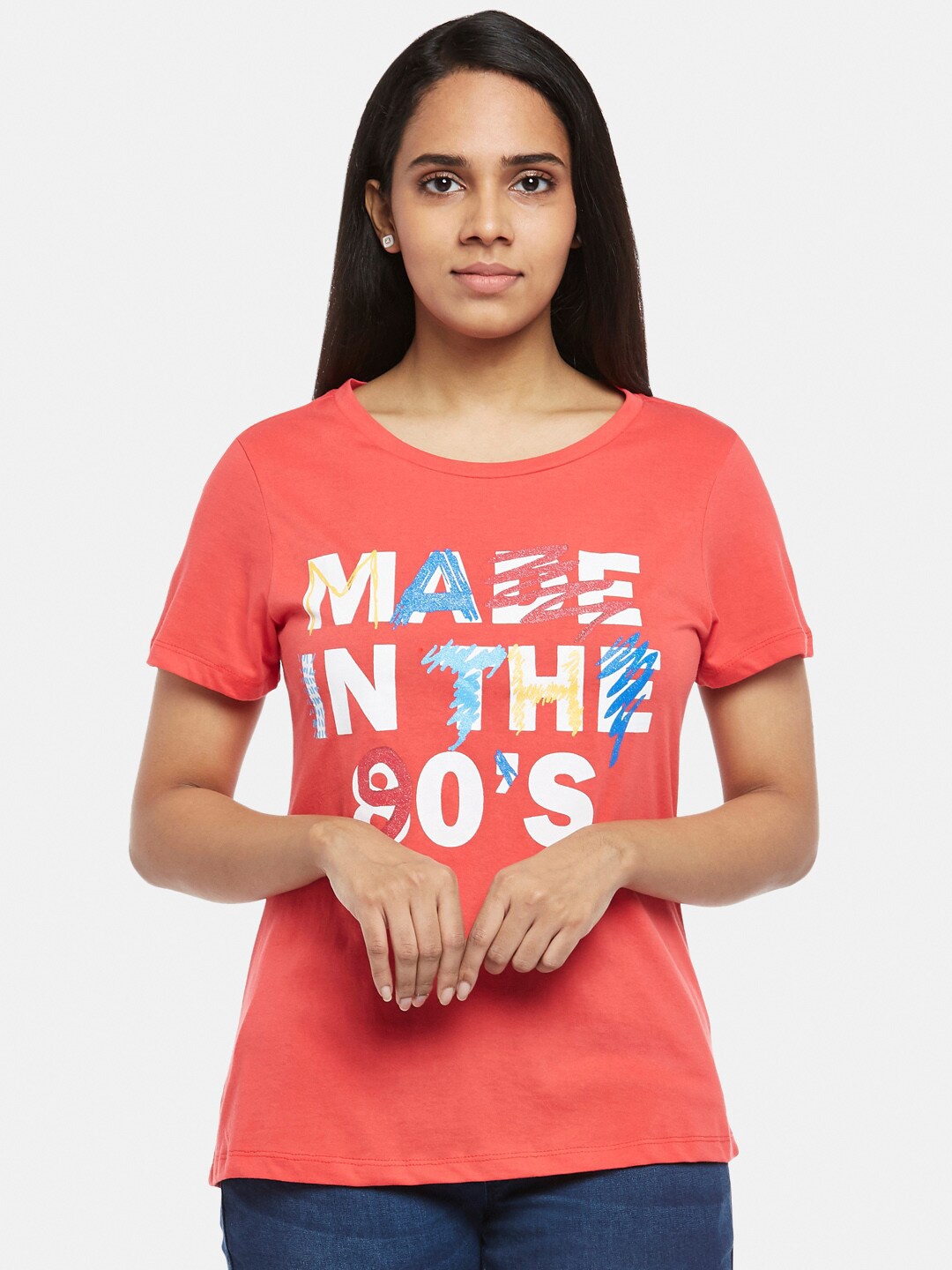 

Honey by Pantaloons Women Coral Typography Printed T-shirt