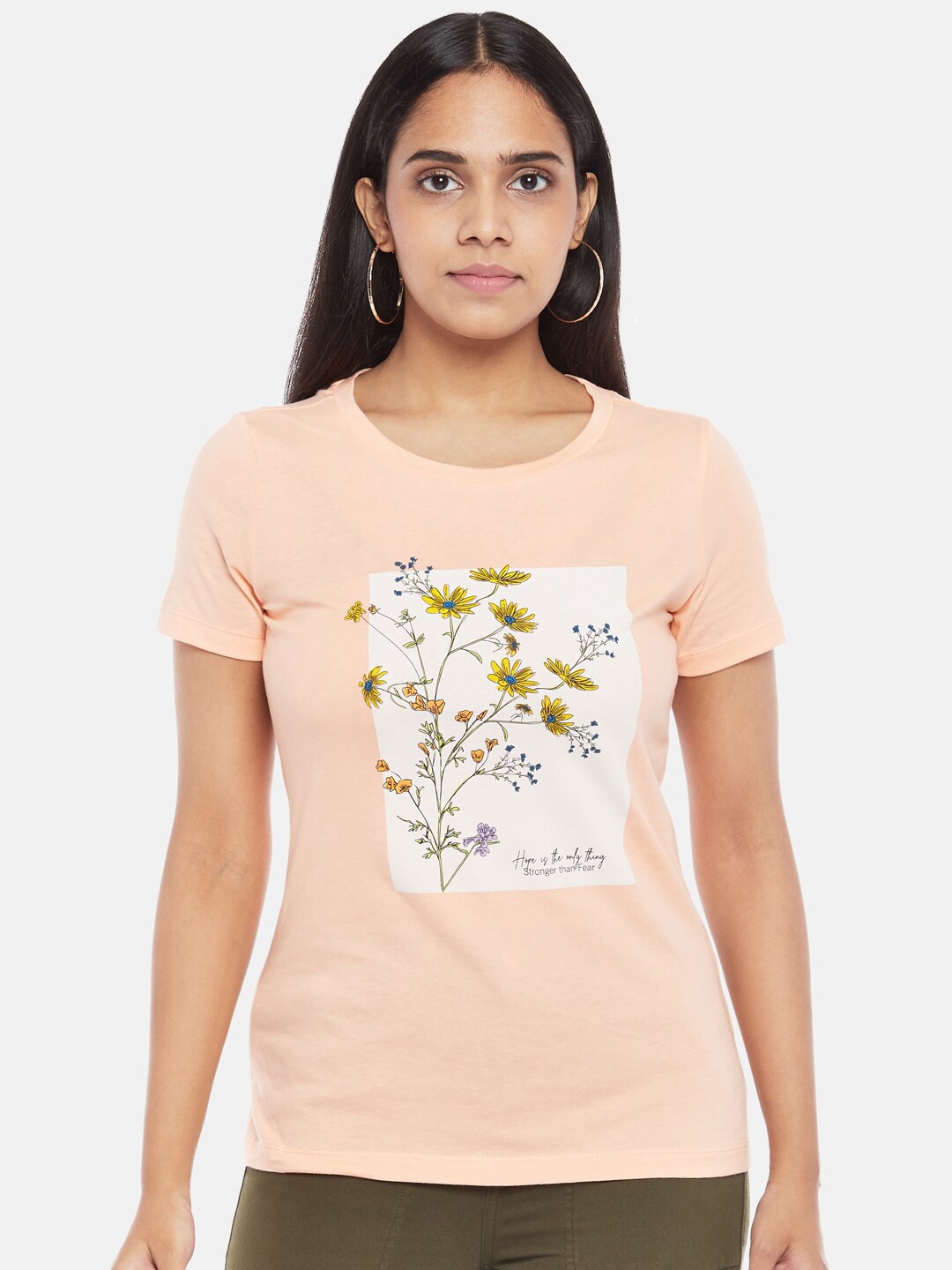 

Honey by Pantaloons Women Peach-Coloured White Printed Cotton Pure Cotton T-shirt