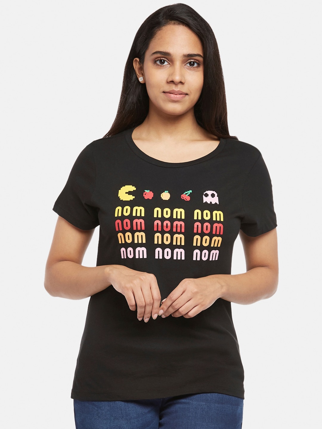 

Honey by Pantaloons Women Black Yellow Typography Printed Pure Cotton T-shirt