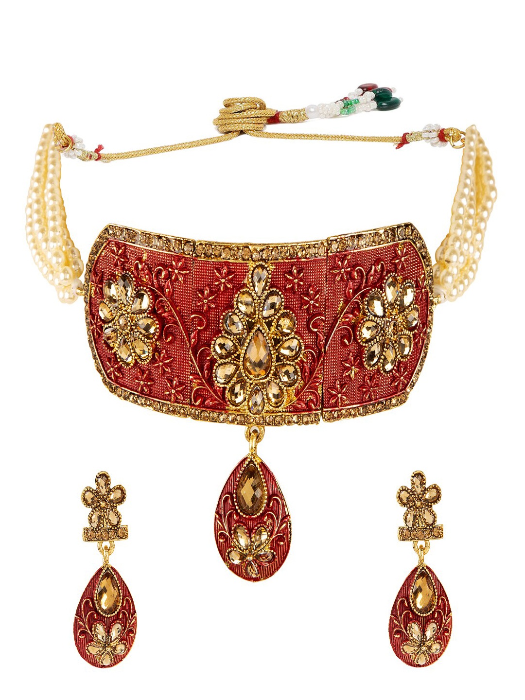 

ANIKAS CREATION Red & Gold-Plated Enamelled Choker Pearl Necklace With Earrings