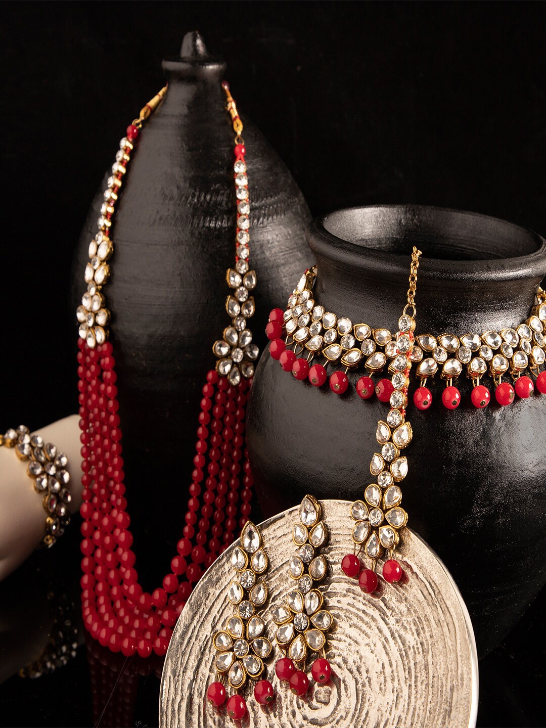 

ANIKAS CREATION Red Designer Gold Plated Jewellery Set