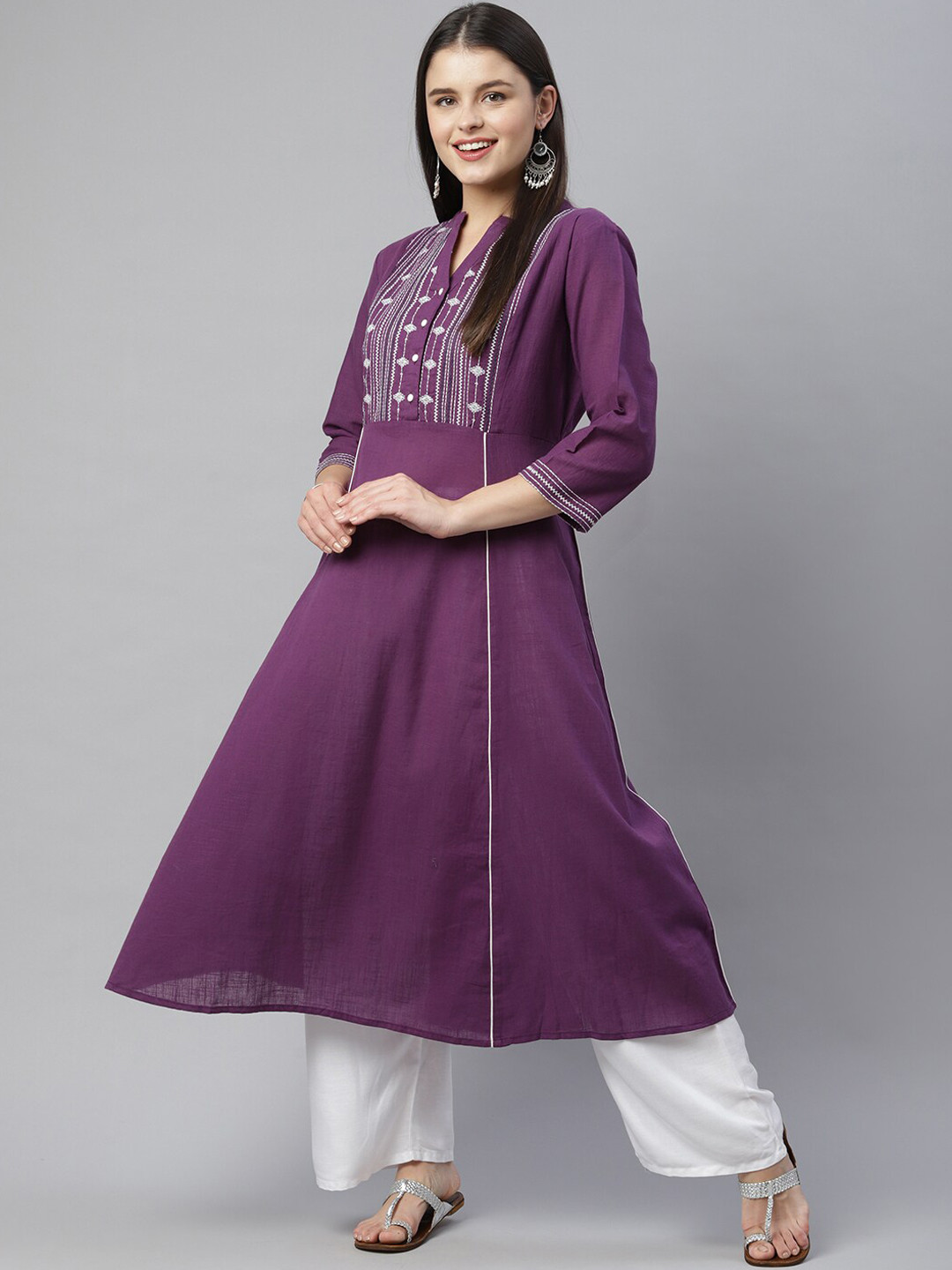

HERE&NOW Women Purple Geometric Embroidered A-Line Kurta