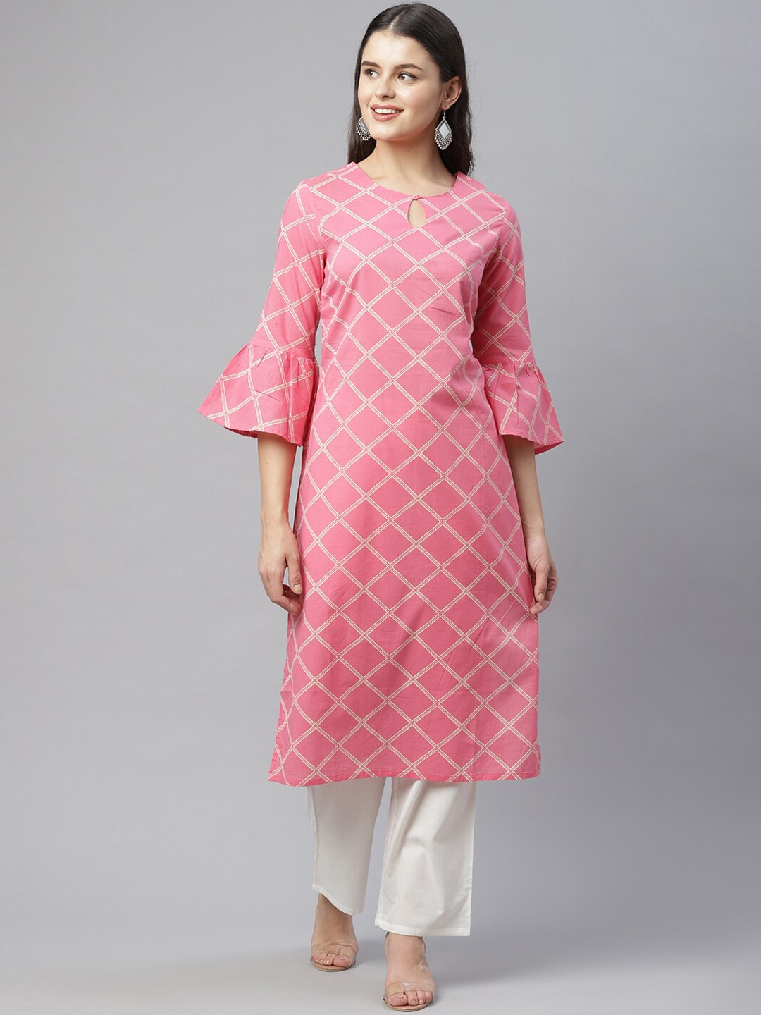 

HERE&NOW Women Pink Geometric Printed Keyhole Kurta