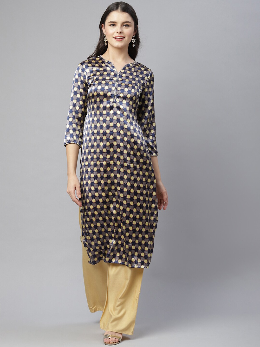 HERE&NOW Women Navy Blue & Beige Geometric Printed Kurta