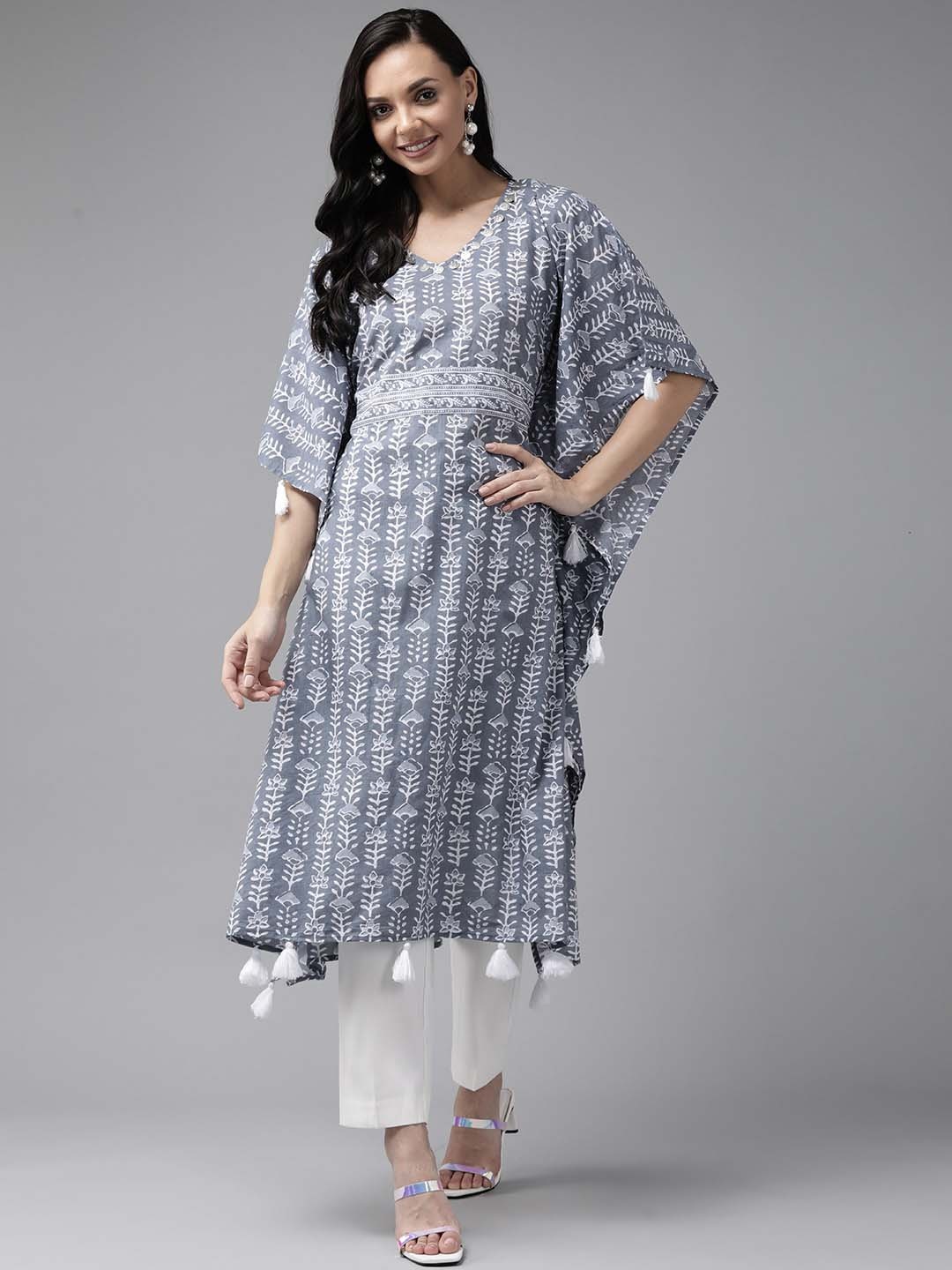 

Yufta Women Grey & Off White Ethnic Motifs Printed Kaftan Kurta