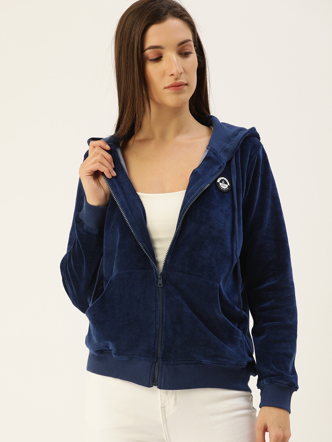 

Flying Machine Women Navy Blue Hooded Front-Open Sweatshirt