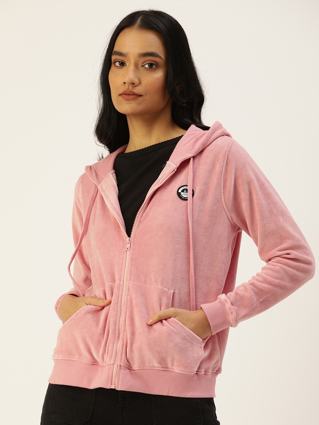 

Flying Machine Women Pink Solid Hooded Sweatshirt