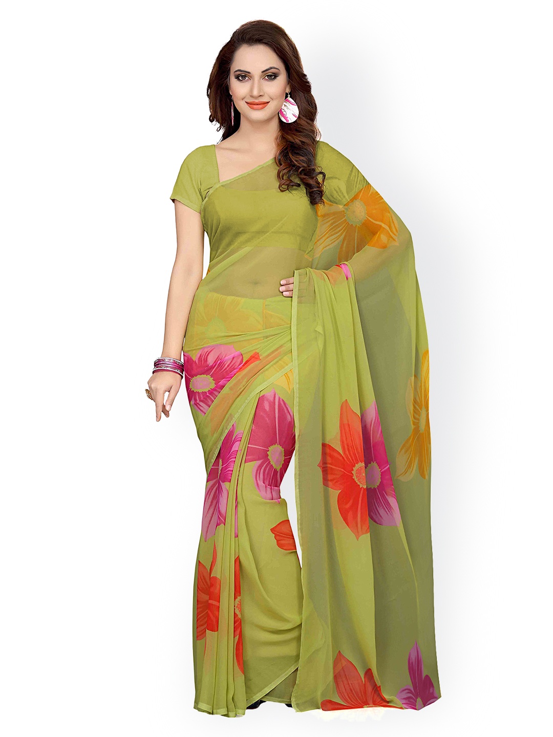 

Ishin Green Poly Georgette Floral Print Saree