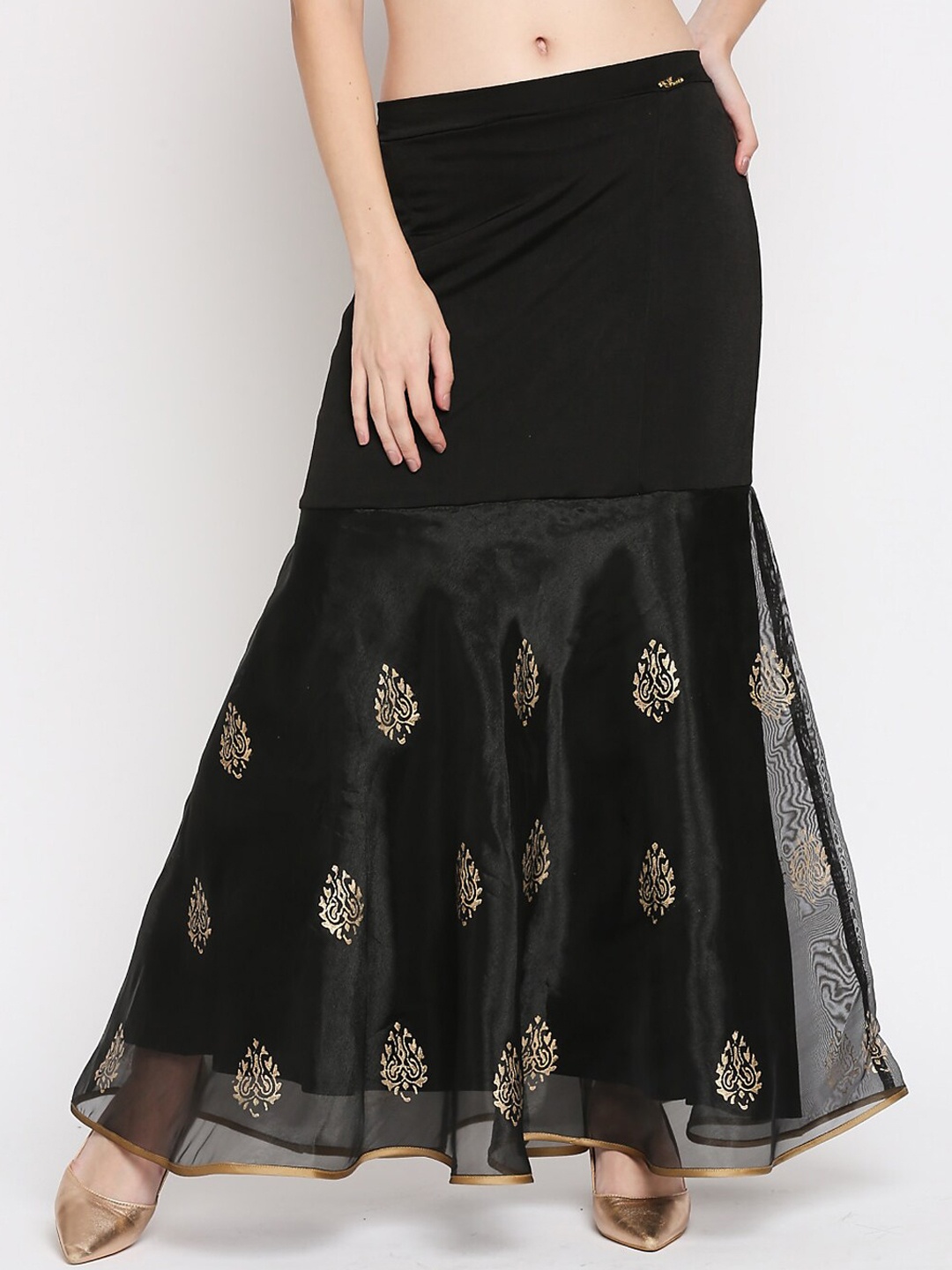 

Ira Soleil Women Black & Gold Printed Maxi Length Peplum Skirt