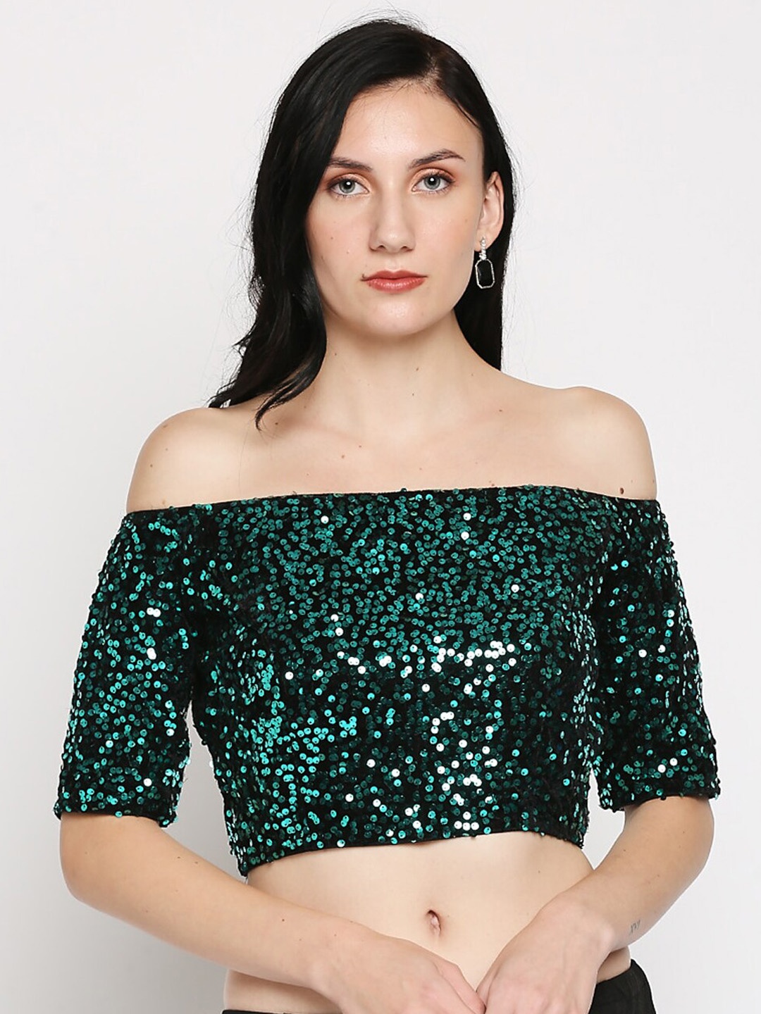 

Ira Soleil Women Green & Silver Colored Sequined Embellished Saree Blouse