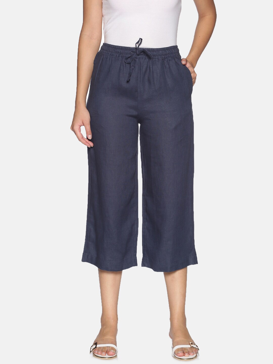 

TWIN BIRDS Women Navy Blue Cotton Linen Cropped Ethnic Culottes