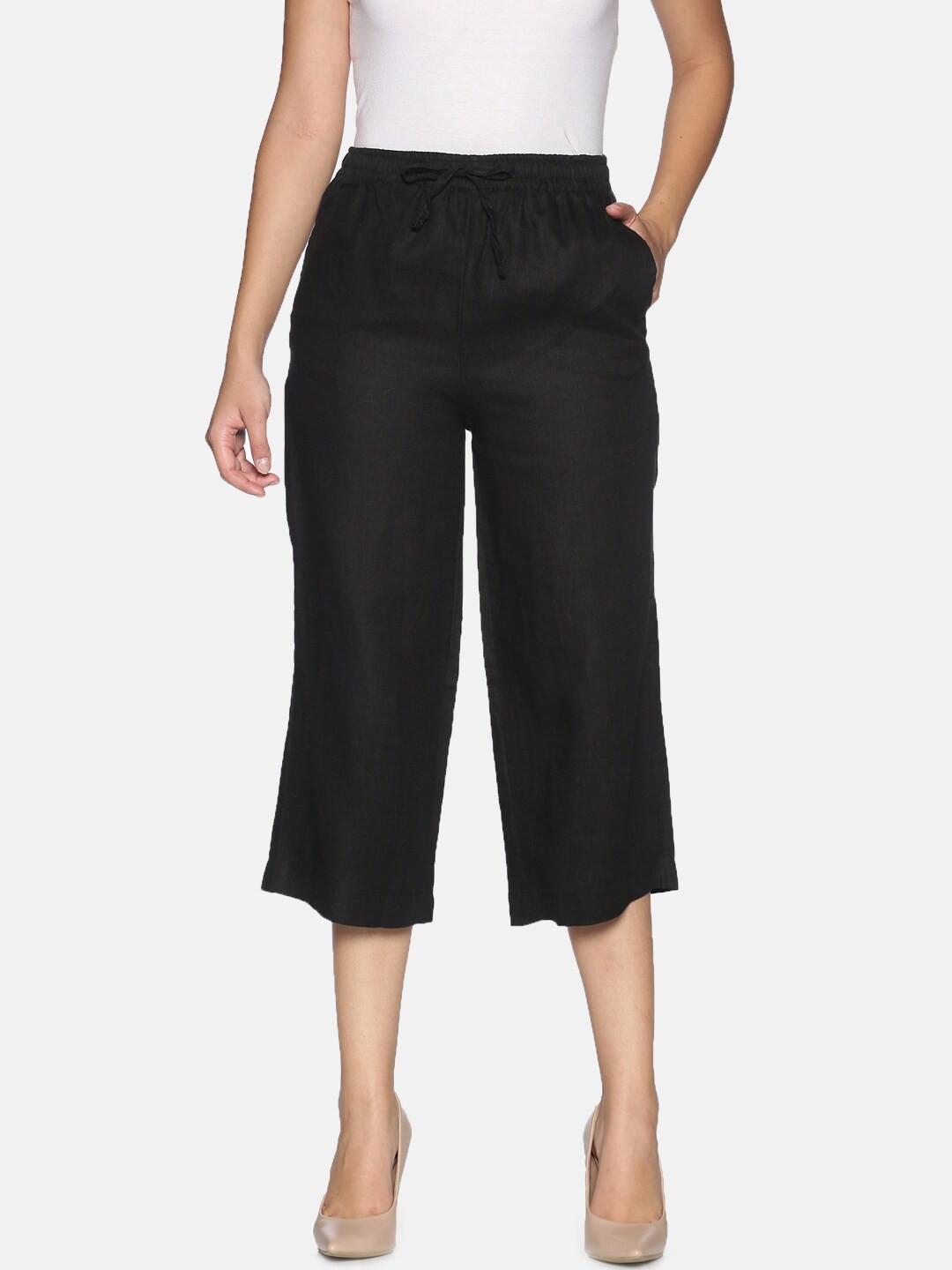 

TWIN BIRDS Women Black Cotton Linen Cropped Ethnic Culottes