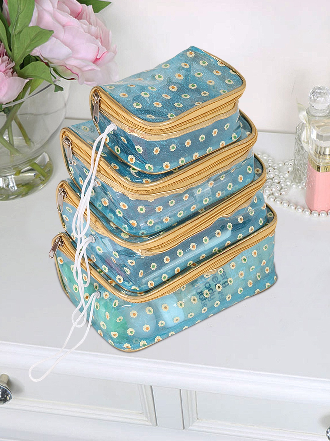 

prettykrafts Set Of 4 Blue & Beige Printed Makeup Organisers