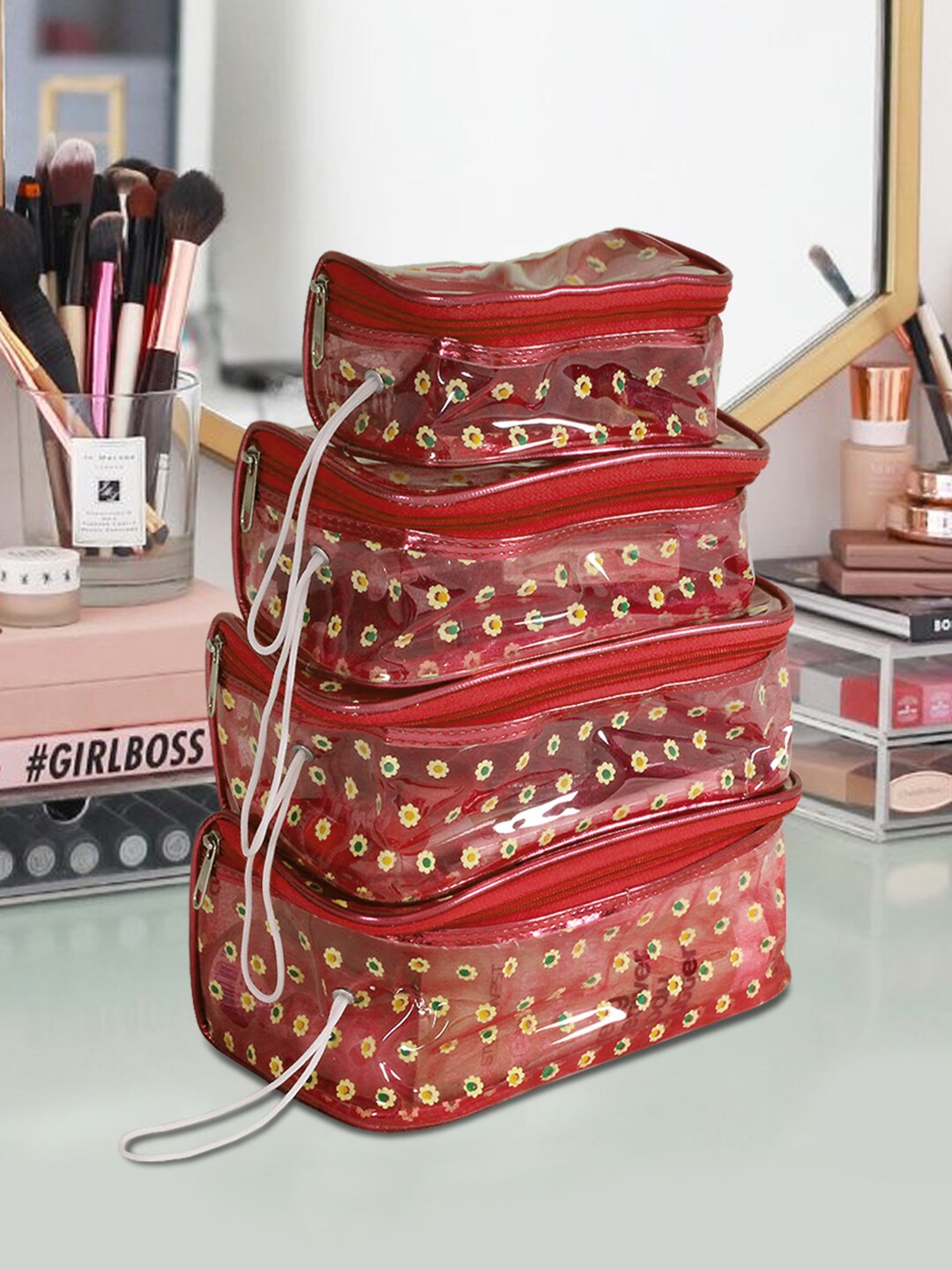 

prettykrafts Set of 4 Red Printed Multipurpose Makeup Cosmetics Bag
