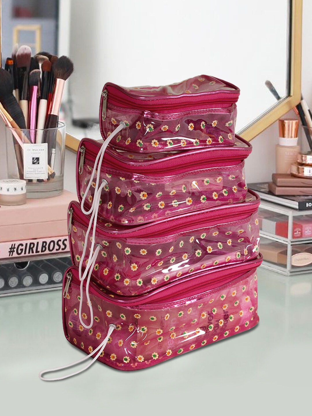 

prettykrafts Set Of 4 Pink & Transparent Printed Makeup Organisers