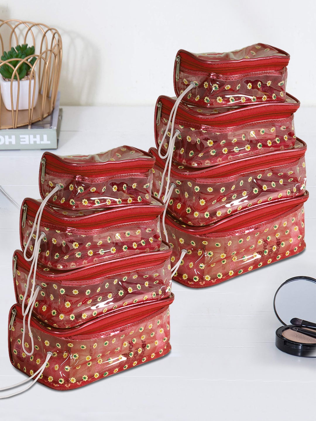 

prettykrafts Set Of 8 Red Printed Makeup Cosmetics Bag