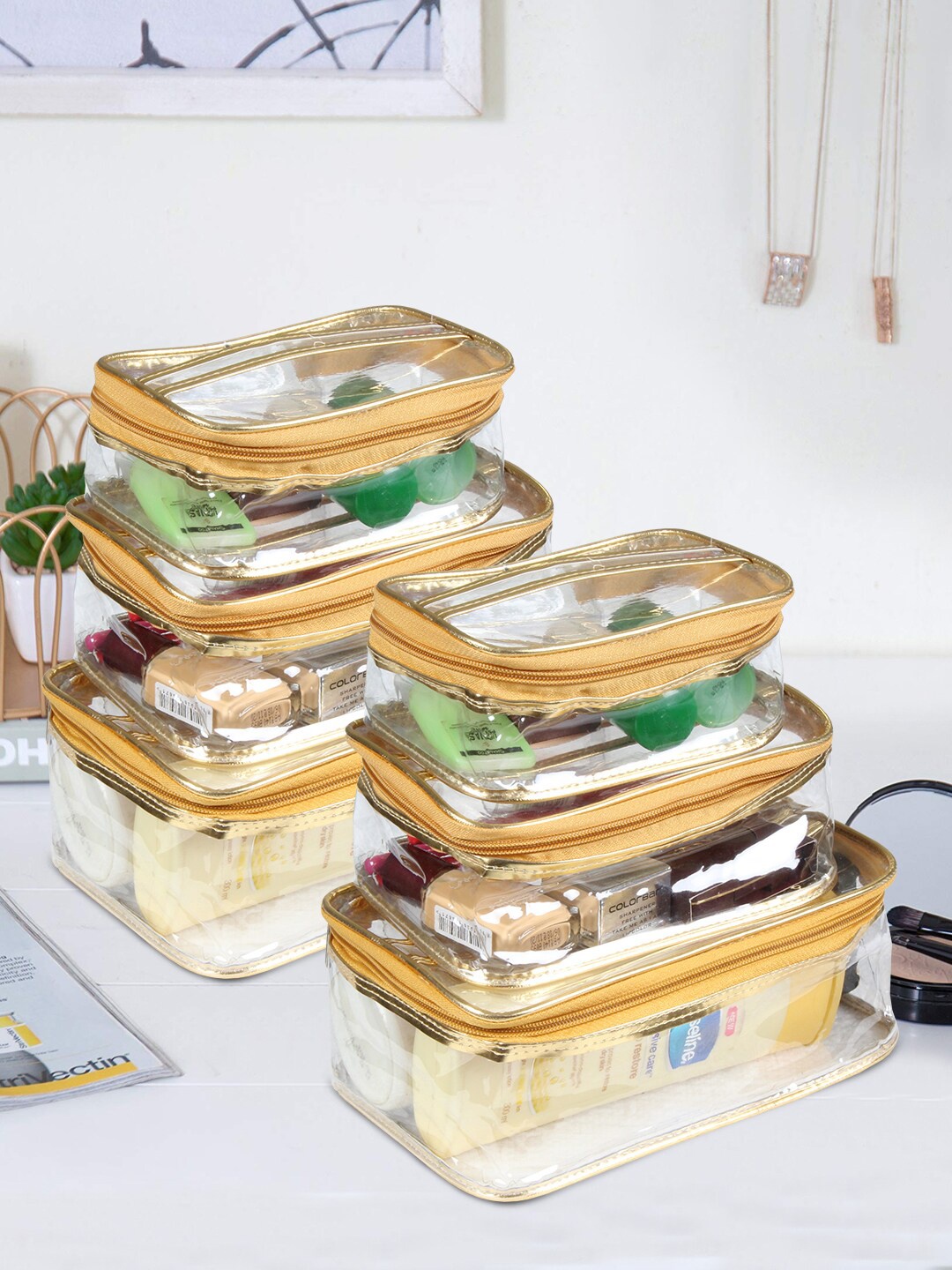 

prettykrafts Set Of 6 Gold & Transparent Solid PVC Makeup organiser
