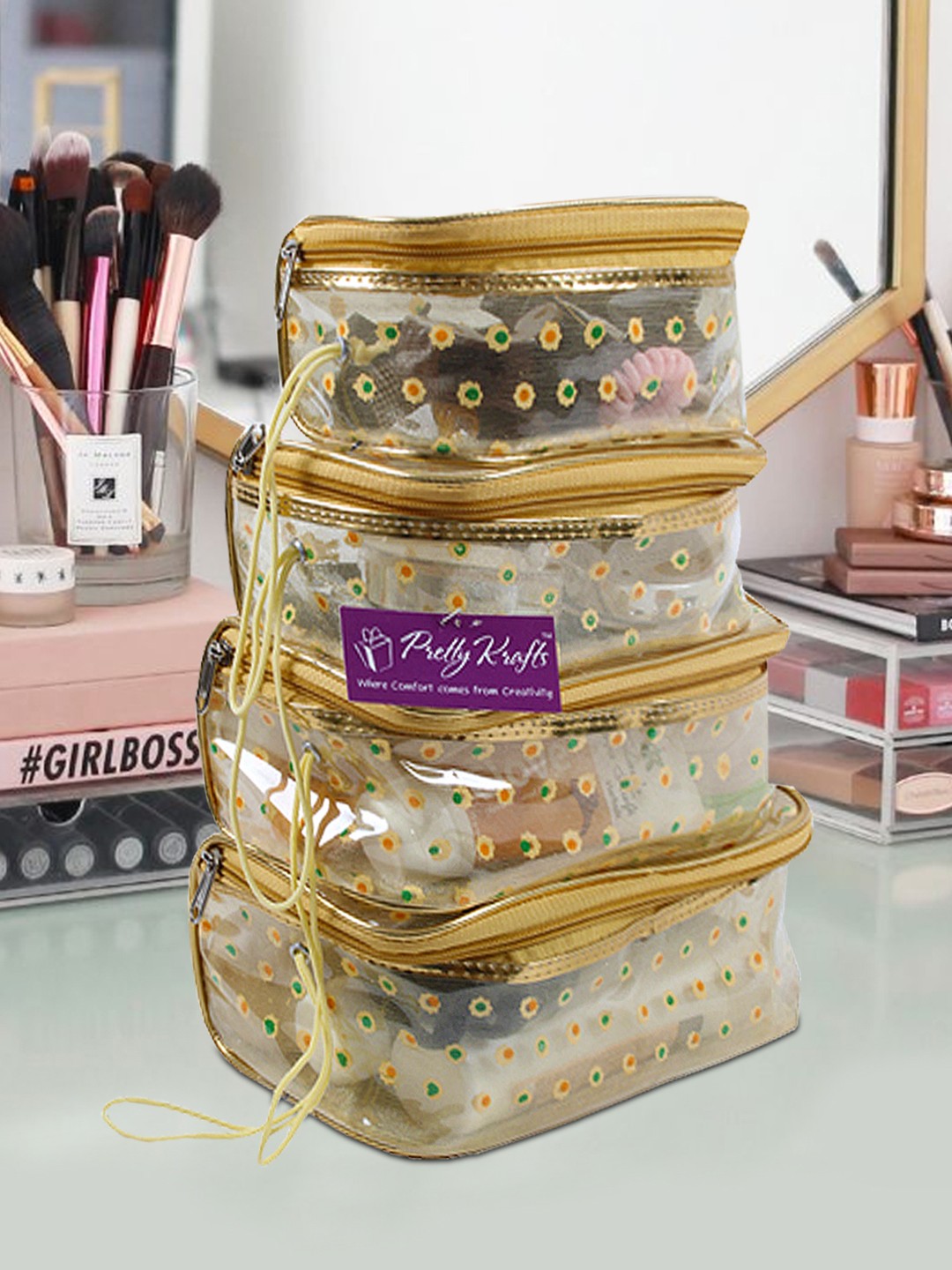 

prettykrafts Set of 4 Gold-Colored & Green Printed Makeup Oraganizer