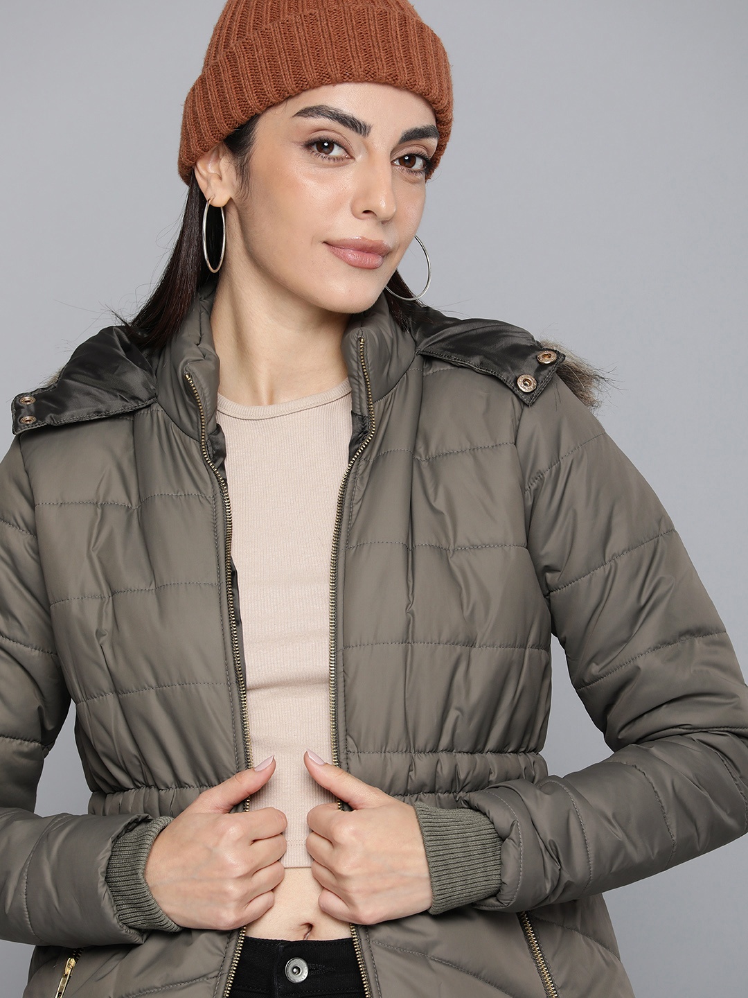 Flying Machine Solid Long Sleeves Hooded Puffer Jacket, Olive