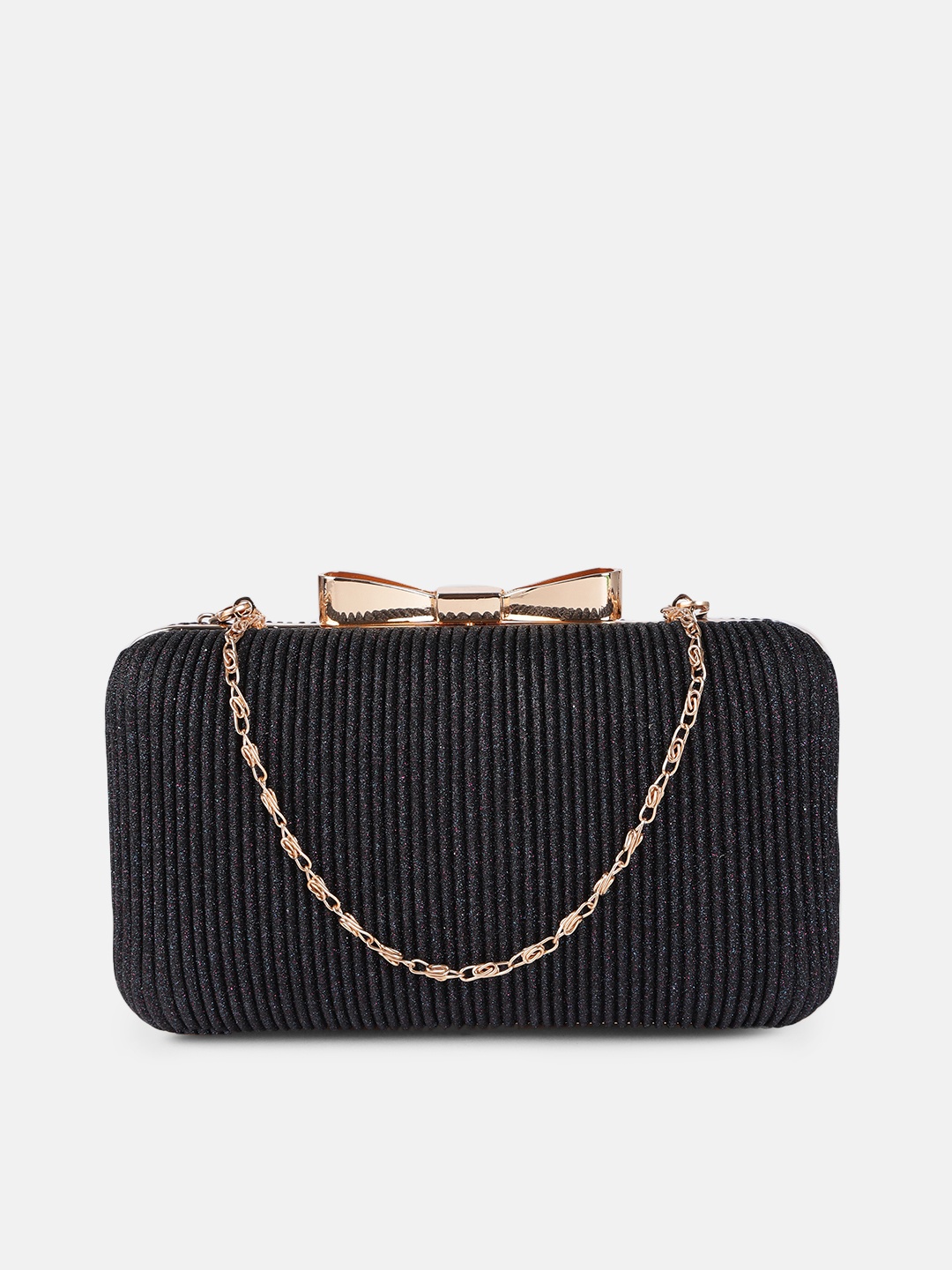 

DressBerry Black Textured Bow Detail Box Clutch with Chain Strap