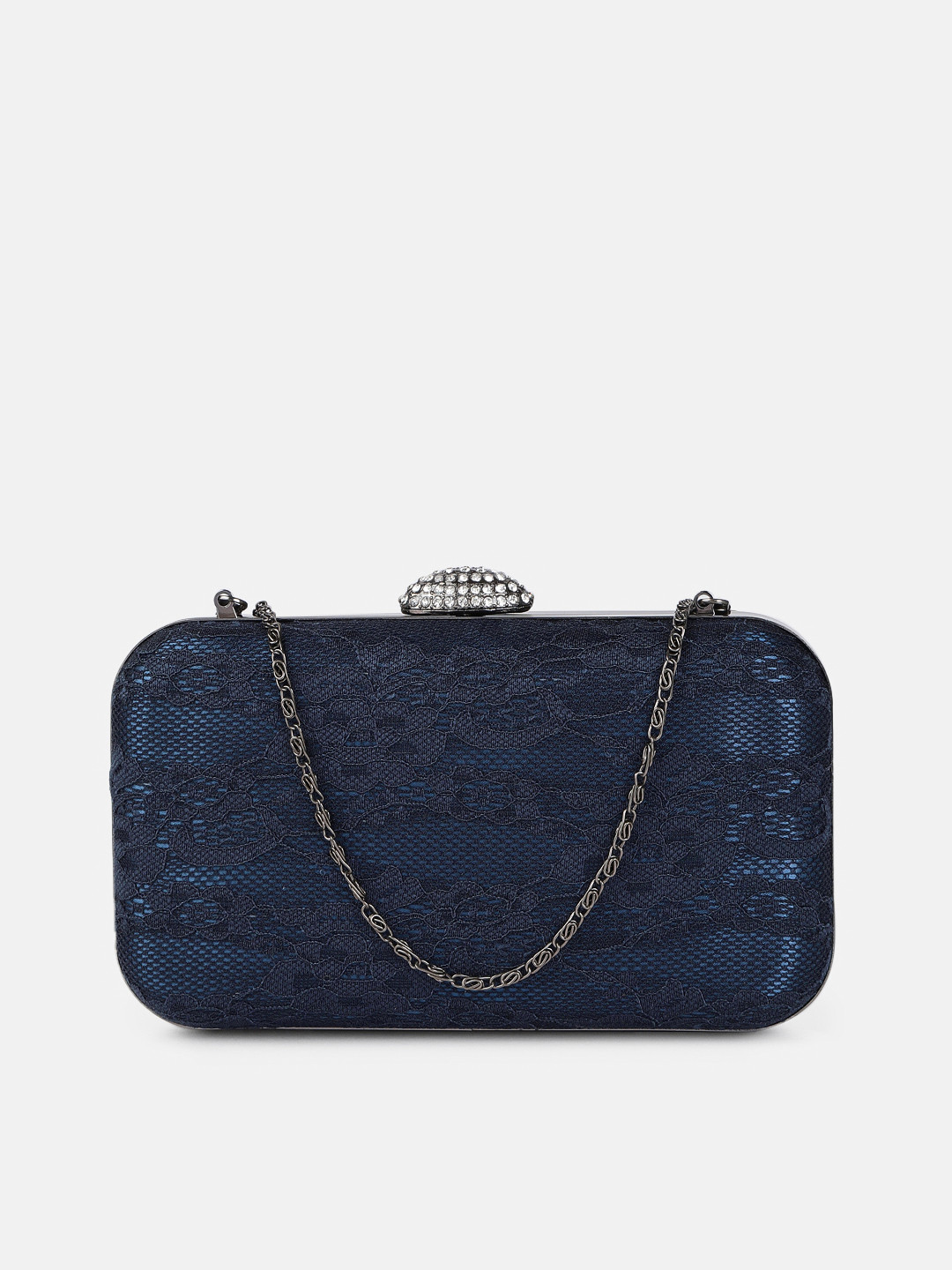 

DressBerry Navy Blue Floral Embroidered Box Clutch with Chain Strap