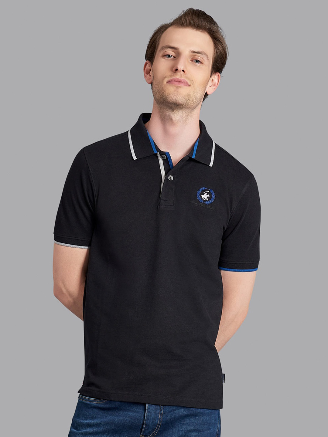 

Beverly Hills Polo Club Men Black & Blue Polo Collar T-shirt