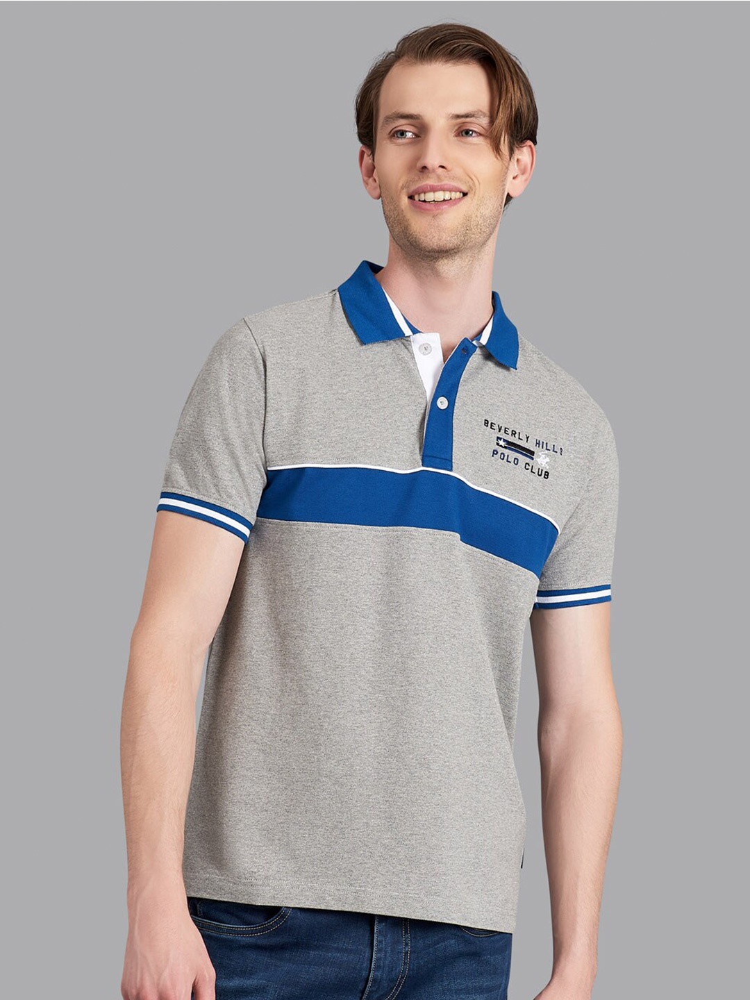 

Beverly Hills Polo Club Men Grey & Blue Colourblocked Polo Collar T-shirt