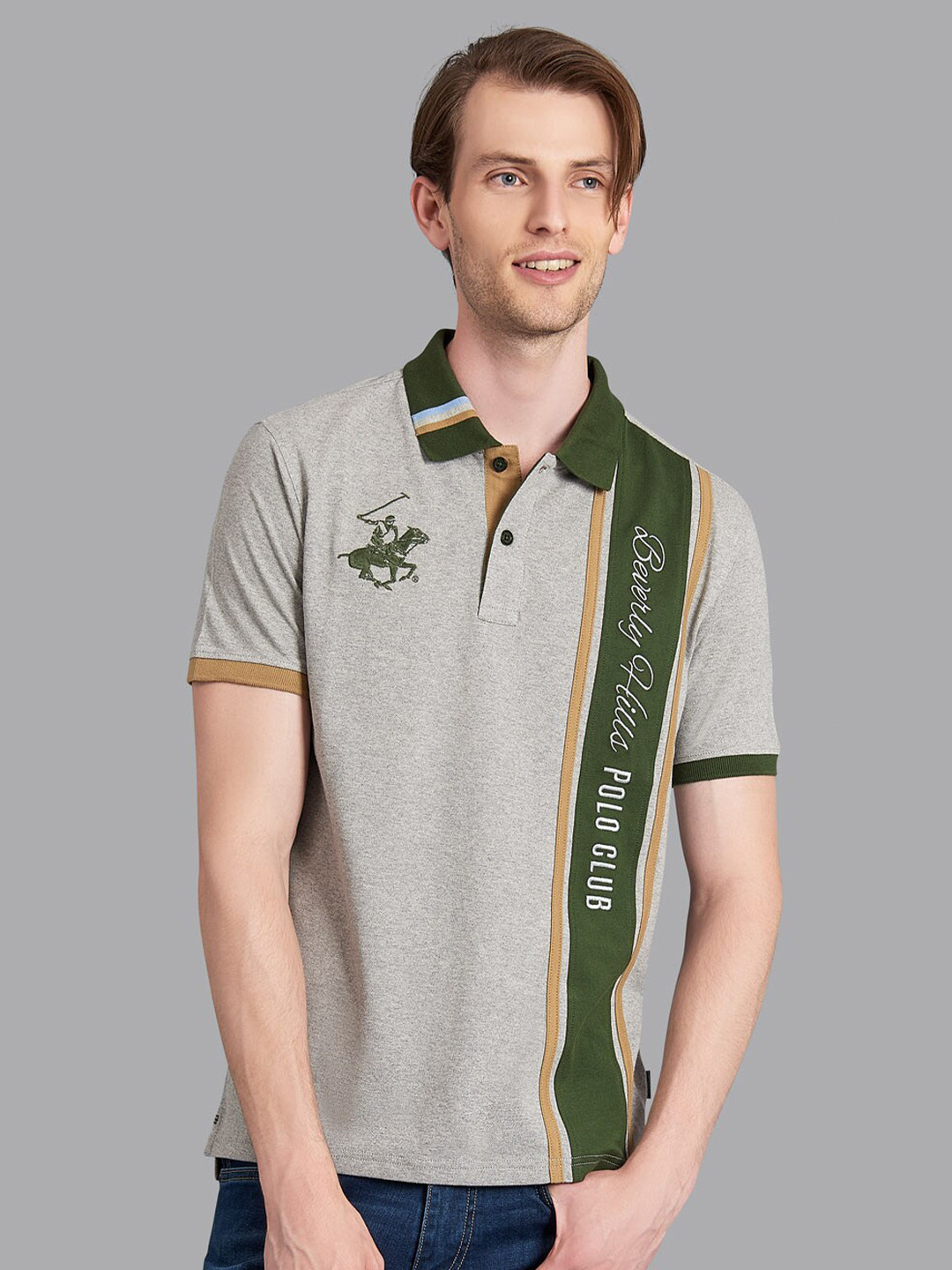

Beverly Hills Polo Club Men Grey & Green Typography Printed Polo Collar T-shirt