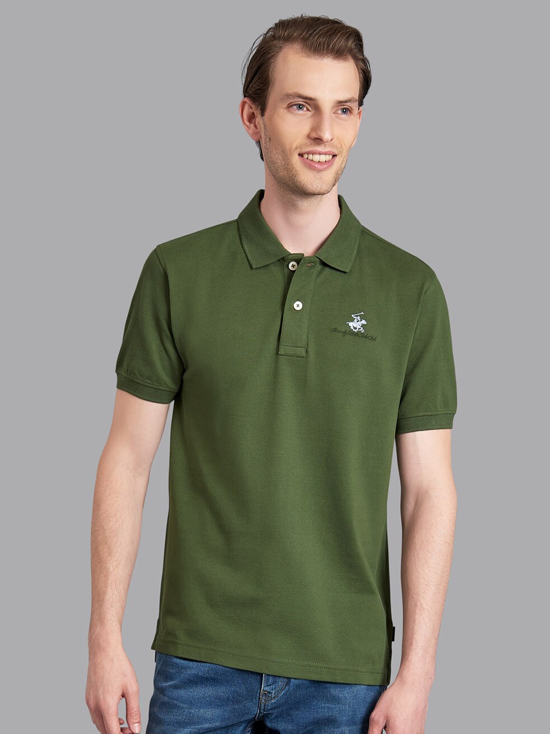 Beverly Hills Polo Club Men Green Solid Polo Collar T-shirt