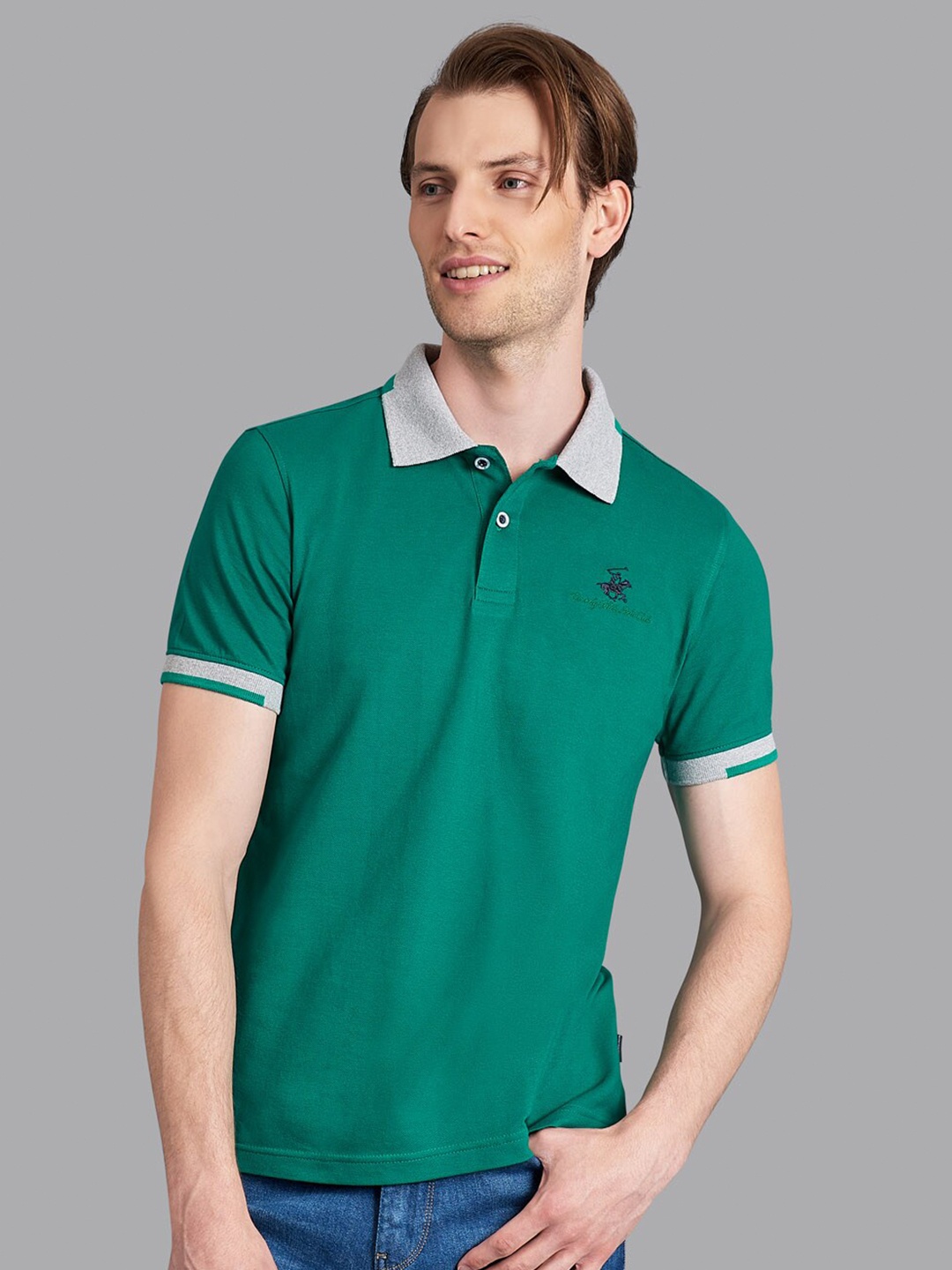 

Beverly Hills Polo Club Men Green Solid Polo Collar T-shirt