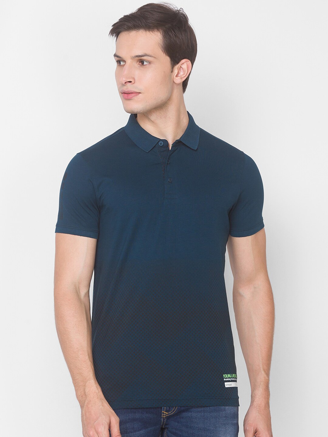 

SPYKAR Men Blue Pure Cotton Polo Collar Printed Slim Fit Pure Cotton T-shirt