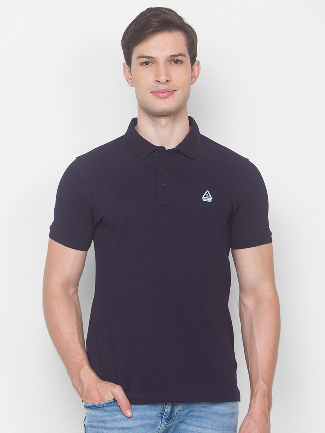 

SPYKAR Men Navy Blue Pure Cotton Polo Collar Solid Slim Fit Pure Cotton T-shirt