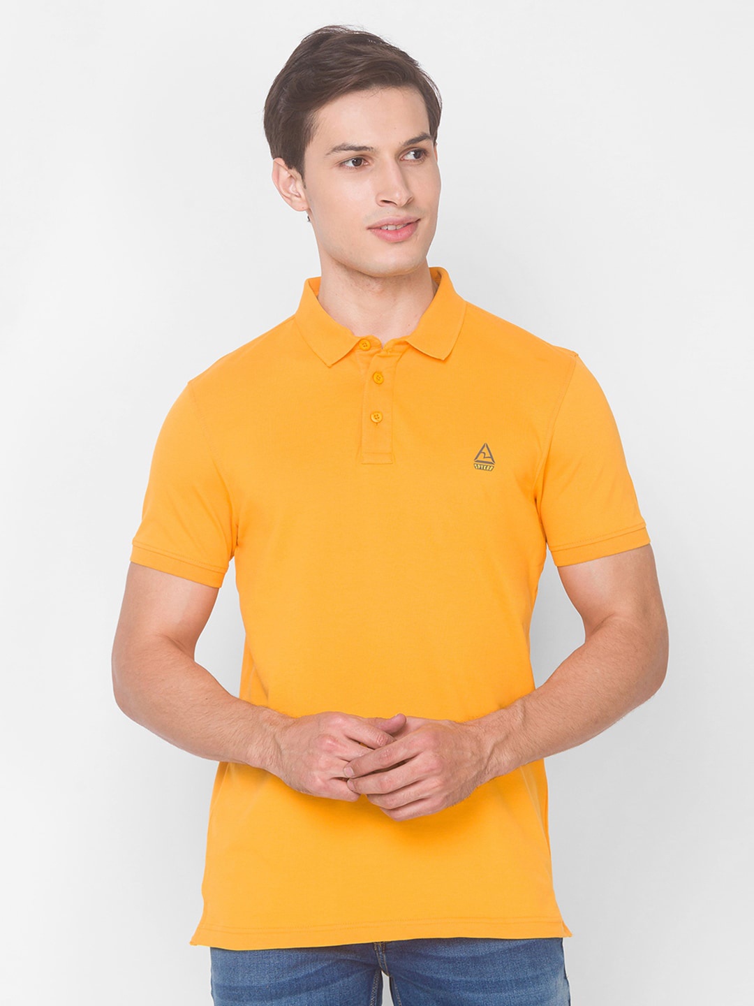 

SPYKAR Men Yellow Pure Cotton Polo Collar Solid Slim Fit Pure Cotton T-shirt