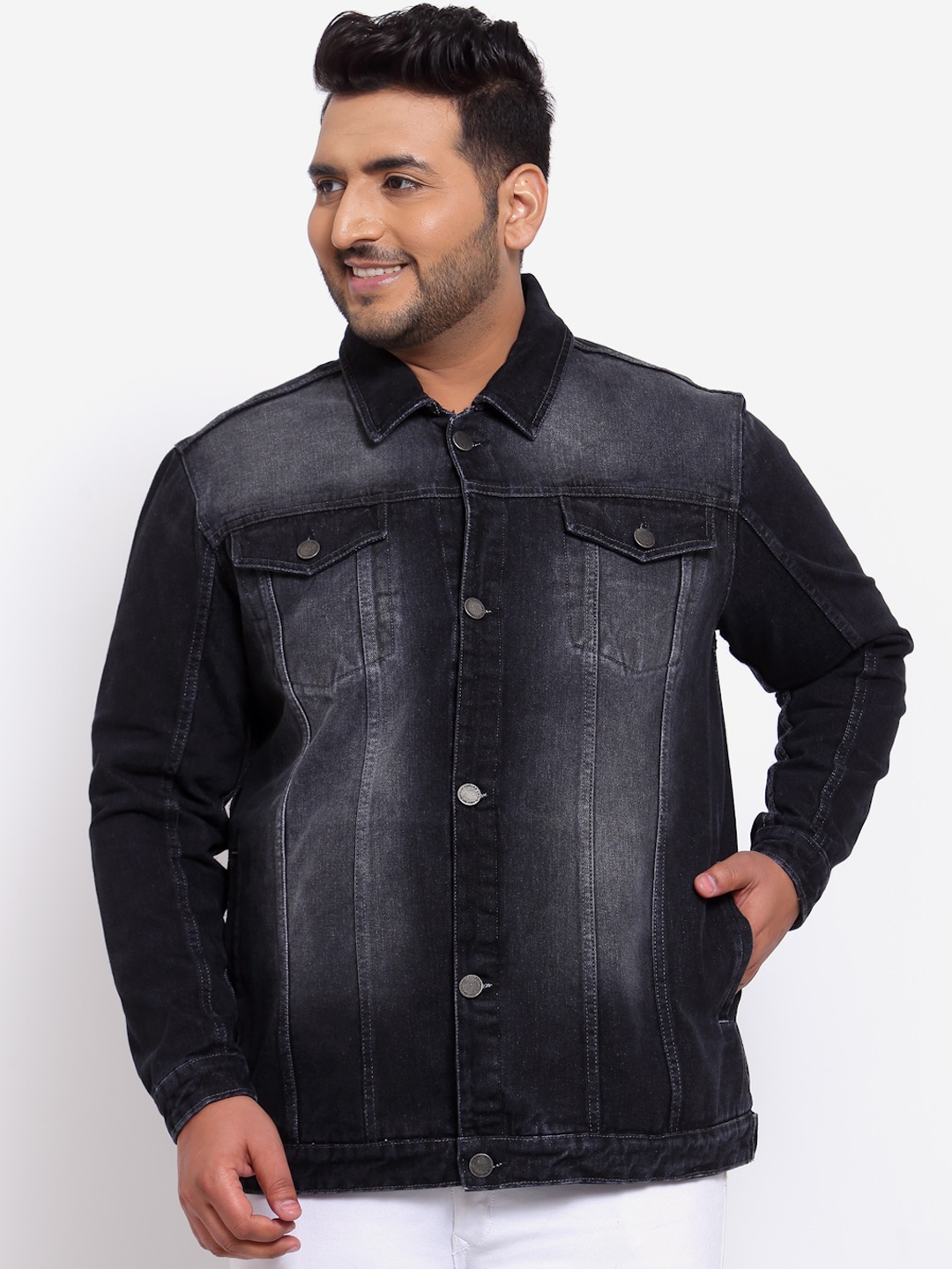 

plusS Men Charcoal Washed Denim Jacket