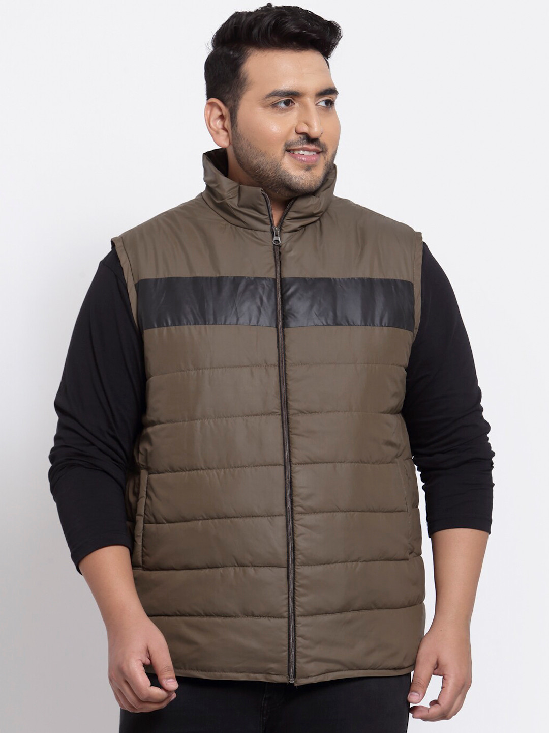 

plusS Men Olive Green & Black Colourblocked Fleece Padded Jacket