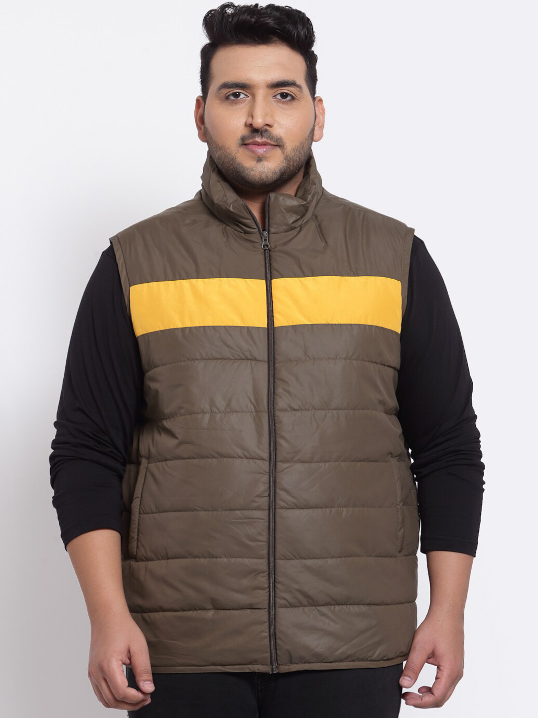 

plusS Men Olive Green & Yellow Fleece Crop Padded Jacket