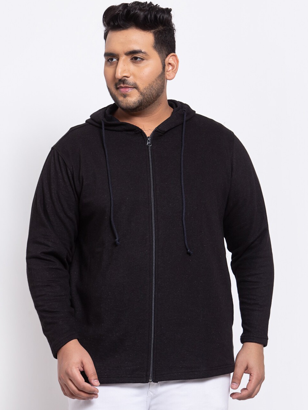 

plusS Men Black Cotton Hooded Sweatshirt