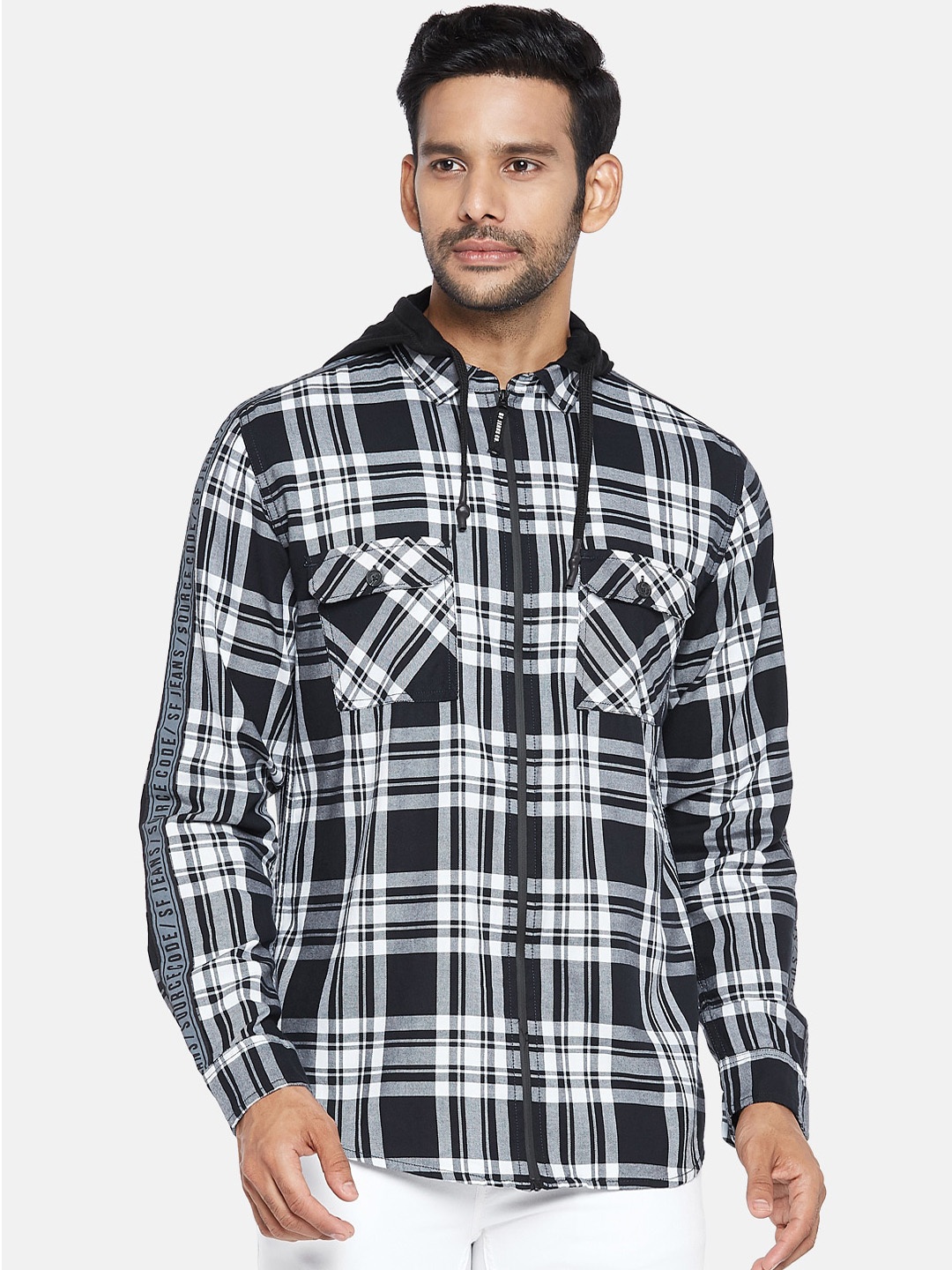 

SF JEANS by Pantaloons Men Black Tartan Checks Hooded Casual Shirt