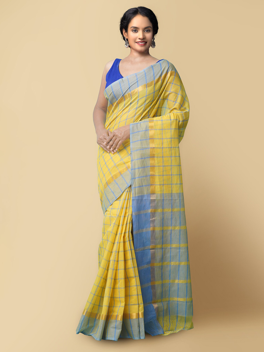 

Unnati Silks Yellow & Blue Checked Pure Cotton Mangalagiri Saree