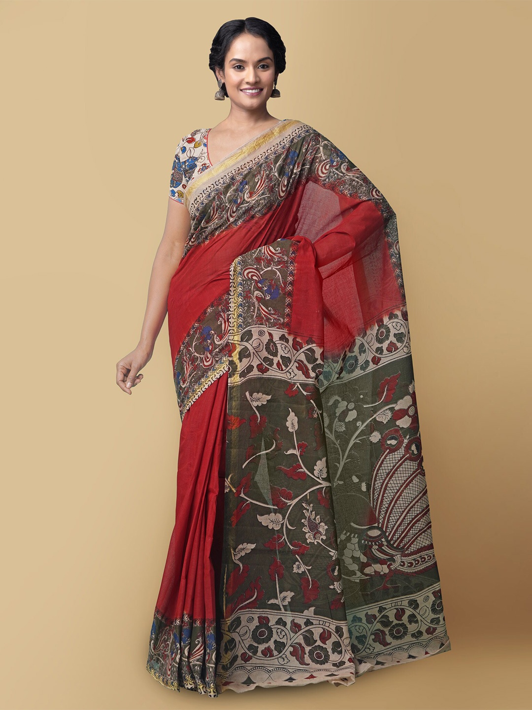 

Unnati Silks Maroon & Olive Green Kalamkari Pure Cotton Kanjeevaram Saree