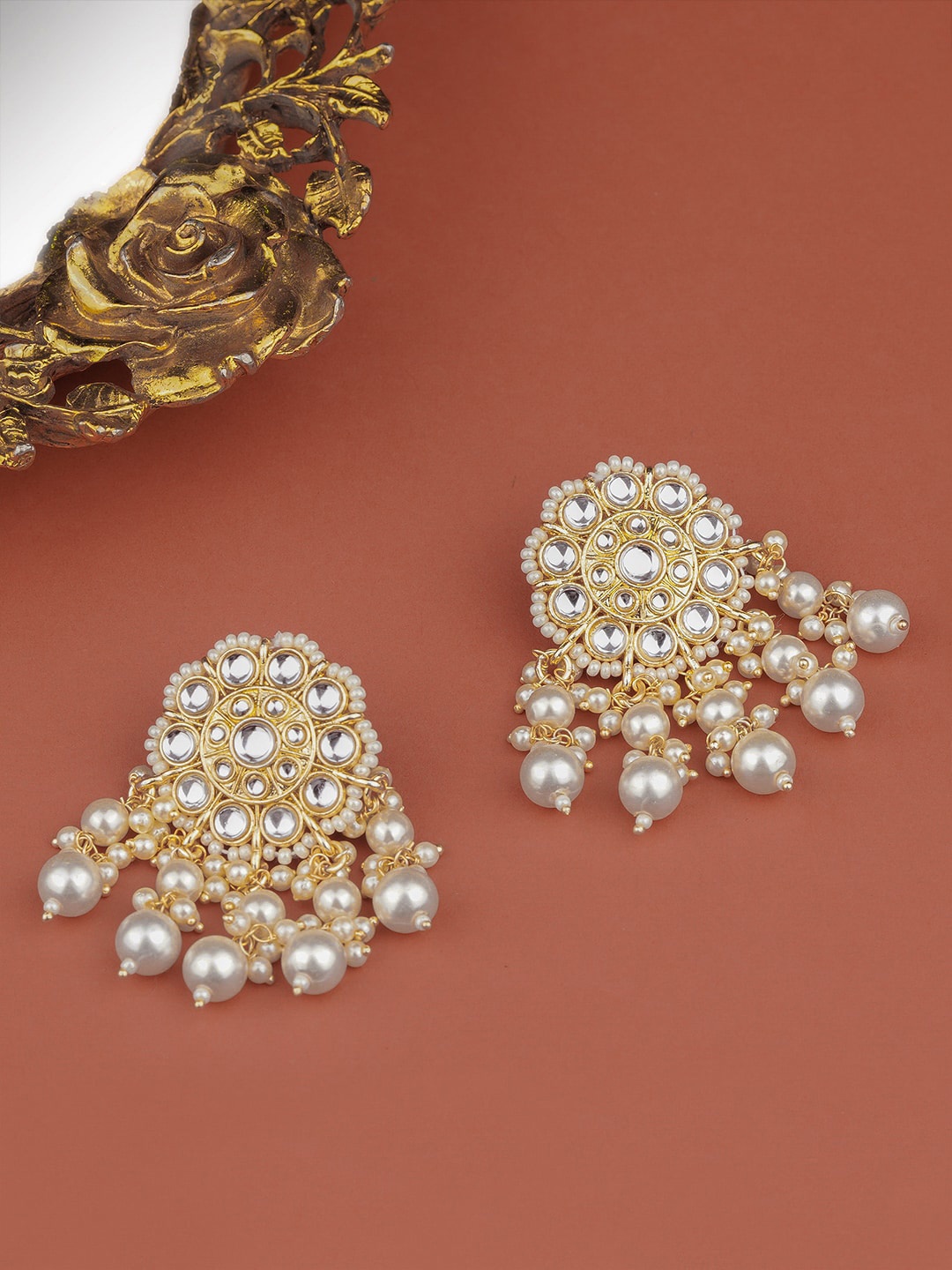 

Queen Be Gold-Toned & White Floral Chandbalis Earrings