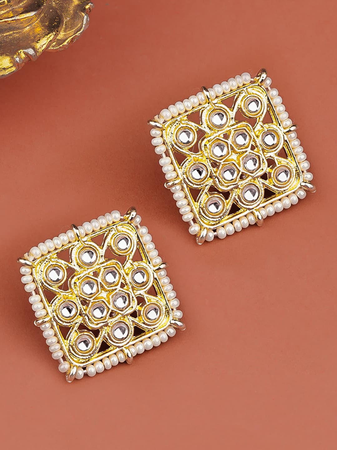 

Queen Be Gold-Toned & White Square Studs Earrings