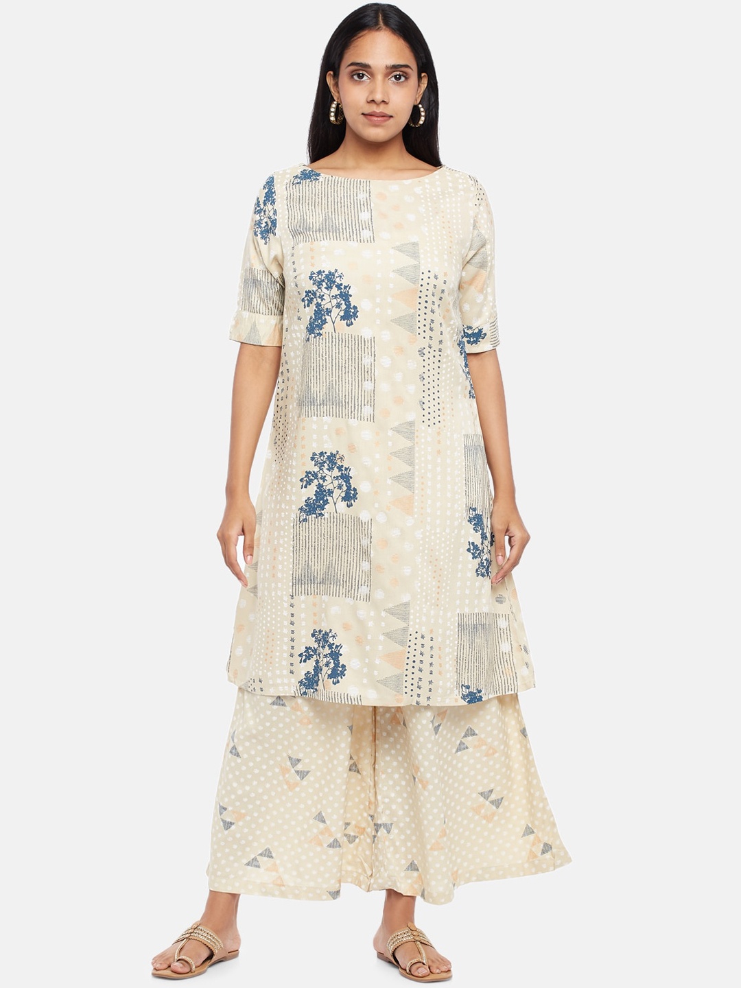 

RANGMANCH BY PANTALOONS Women Off White & Blue Floral Printed Kurta