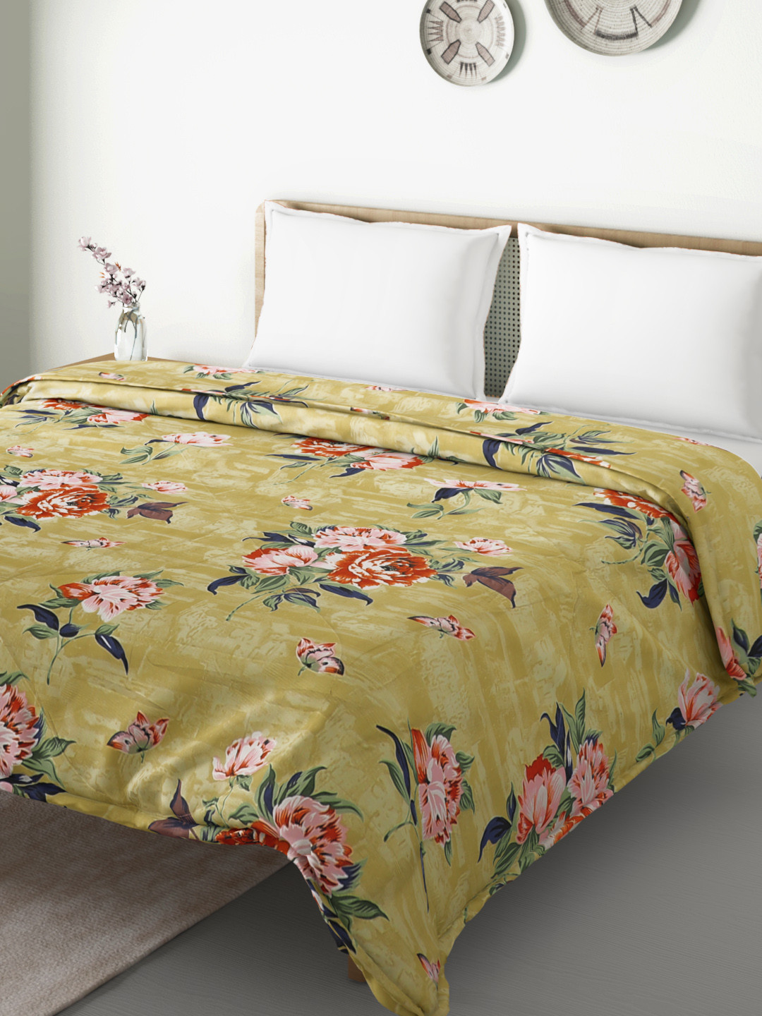 

Aura Mustard Yellow & Green Floral Print Mild Winter 150 GSM Double Bed Comforter