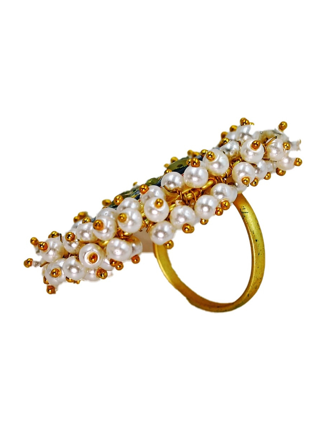 

THOA Women Blue & White Gold-Plated Kundan Meenakari Pearl Ring