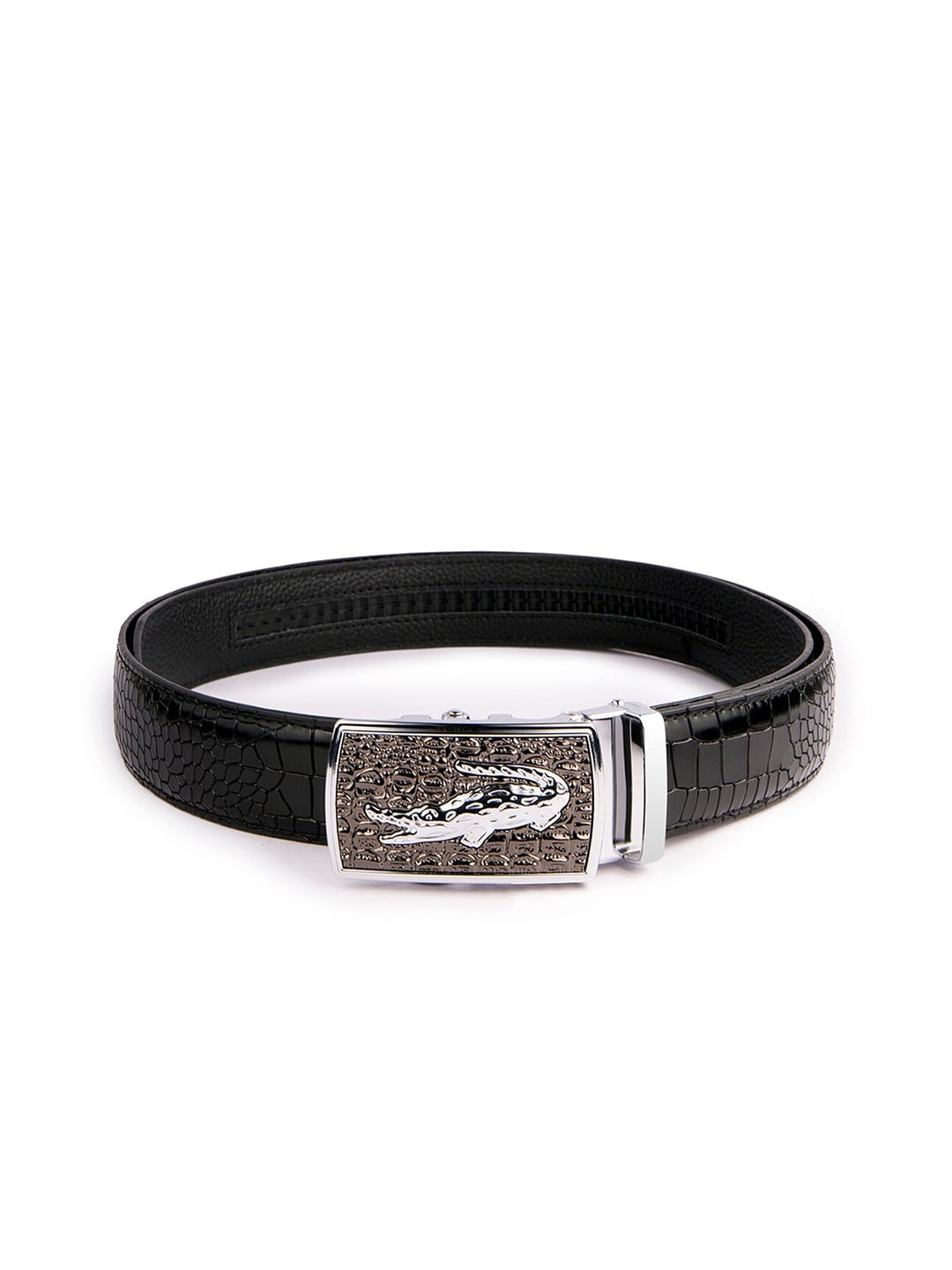 

BANGE Men Black Textured Leather Belt with Crocodile Design Buckle